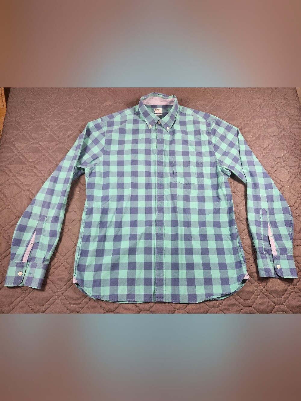 Bonobos green and navy blue checkered long-sleeve button-down shirt size L